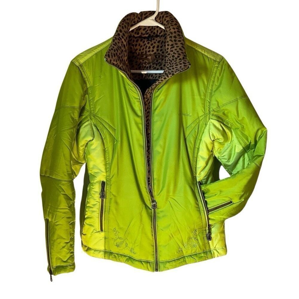 Sportalm Ski Jacket. Lime Green, Leopard Trim, Size 36/US 6